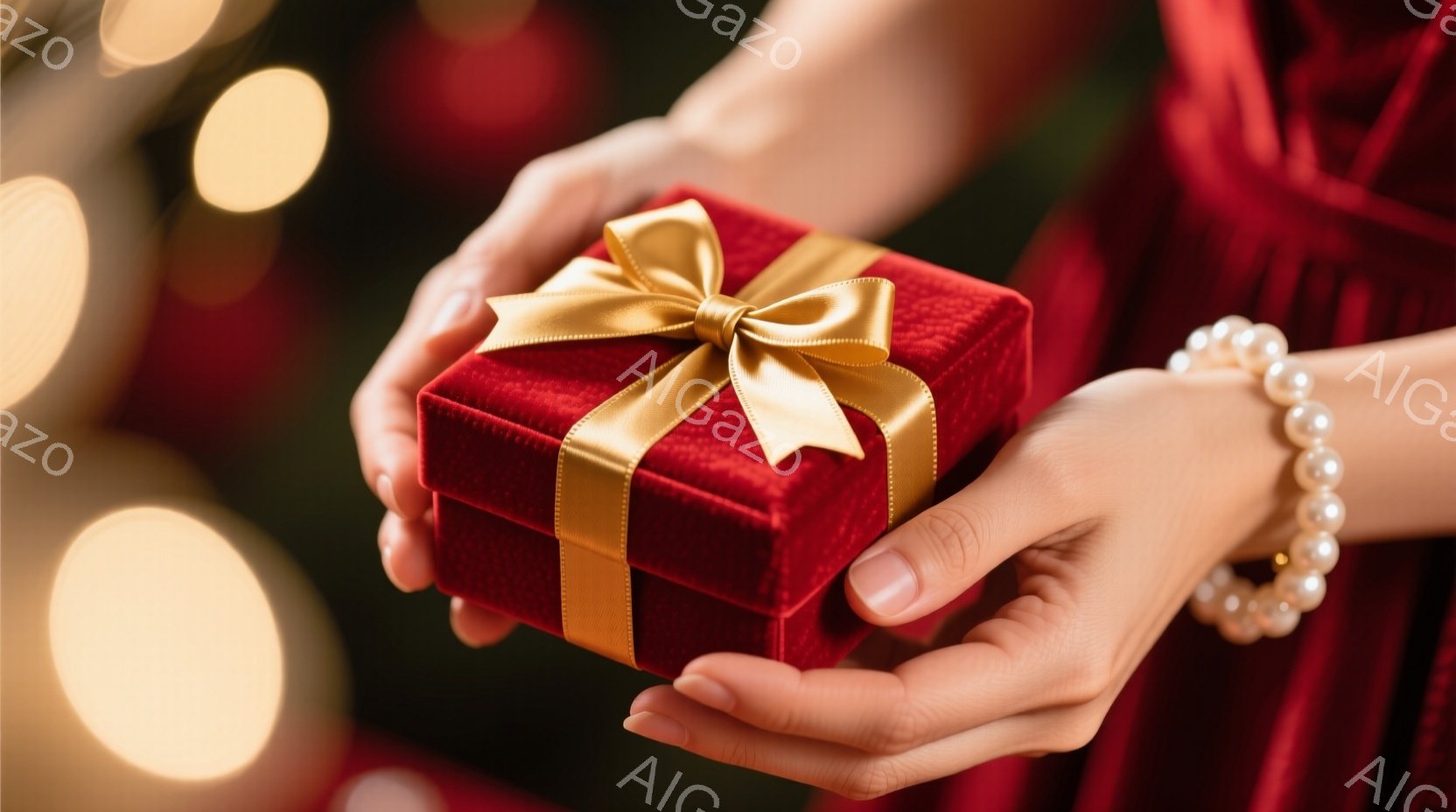 鮮やかな赤いベルベットの箱が、女性の手の中で優しく包まれています。彼女は赤いドレスを着ており、手首には真珠のブレスレットが光ります。背景にはぼやけた光のぼかしがあり、お祝いや特別な機会を暗示する、温かくロマンチックな雰囲気が漂っています。