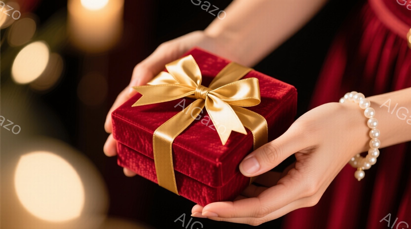 深紅色のベルベットのような箱が、女性の手によって優しく抱えられています。彼女は赤いドレスを着ており、手首にはパールのブレスレットが光っています。背景はぼやけていますが、暖色系の光が灯り、ロマンチックで特別な雰囲気を醸し出しています。