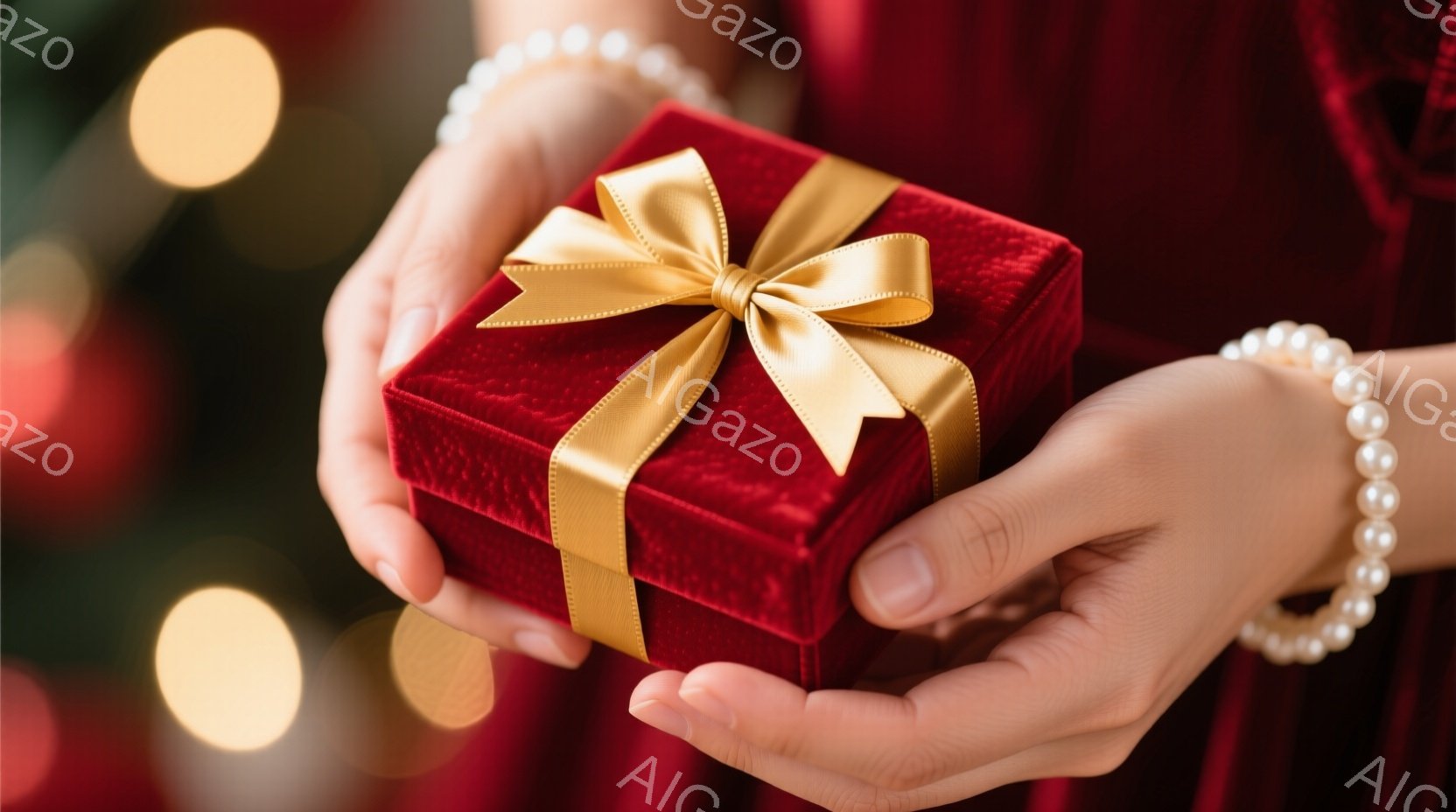 真っ赤なベルベットの箱が、パールネックレスをつけた女性の手の中で優しく包まれています。背景にはぼやけた光の玉と、女性が身につけている赤いドレスの一部が見え、クリスマスの温かくロマンチックな雰囲気が漂っています。箱には金色のリボンが結ばれており、贈り物への期待感を高めます。