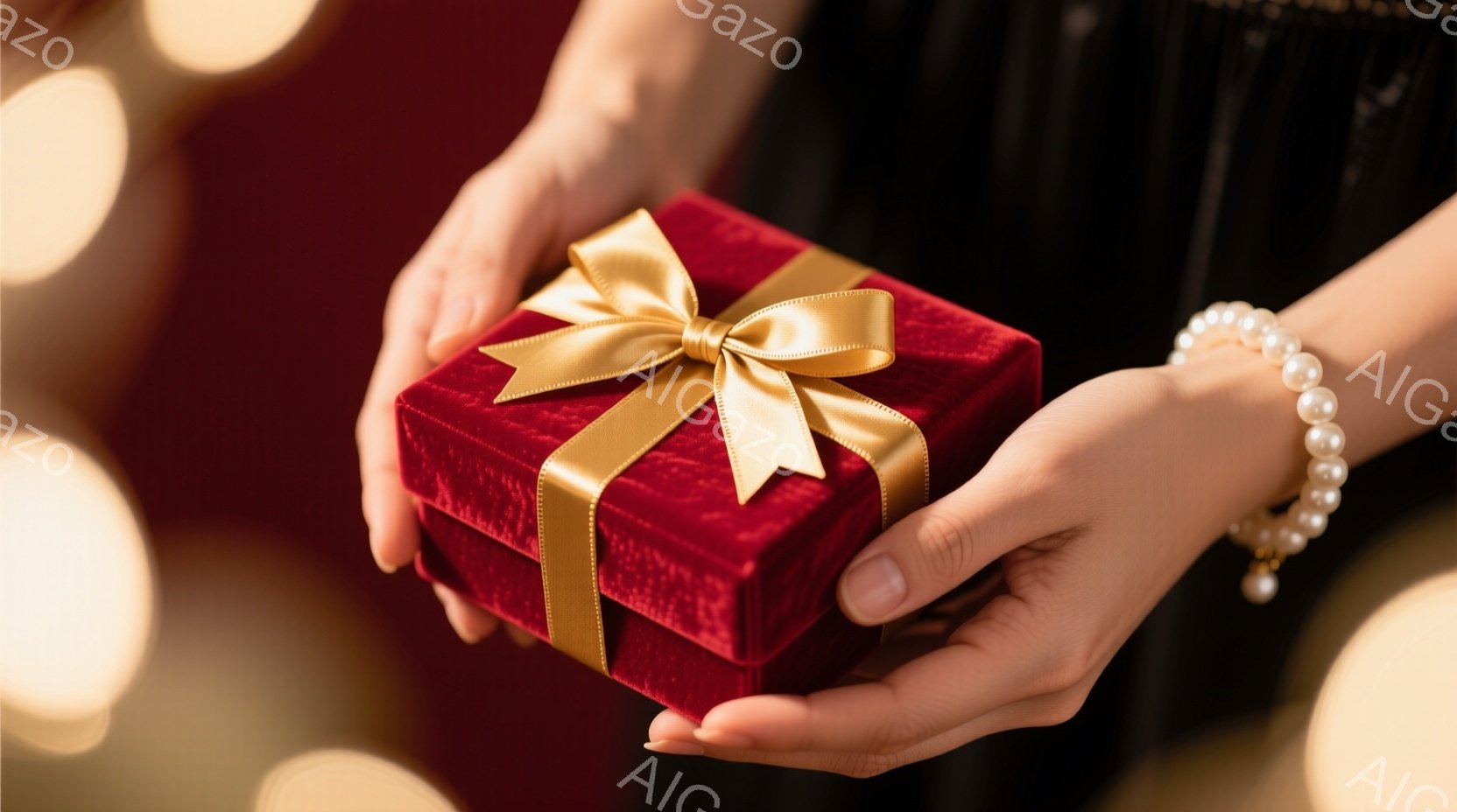深紅色のベルベットのような箱が、パールが連なった手によって大切に抱えられている。箱は金色のリボンで結ばれており、背景にはぼやけた暖色系の光が散りばめられている。 全体的に、エレガントでロマンチックな雰 - AI生成フリー素材