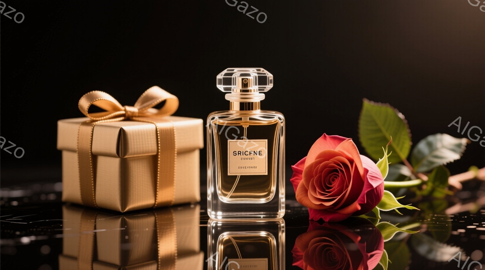 鮮やかな赤いバラと、金色のギフトボックス、そして香水瓶が、黒い反射面の上に置かれています。香水瓶には「SRICNE」と書かれたラベルが貼られており、洗練された印象を与えます。全体的に、華やかで高級感のある、贈り物や美容製品の広告を彷彿とさせる雰囲気です。