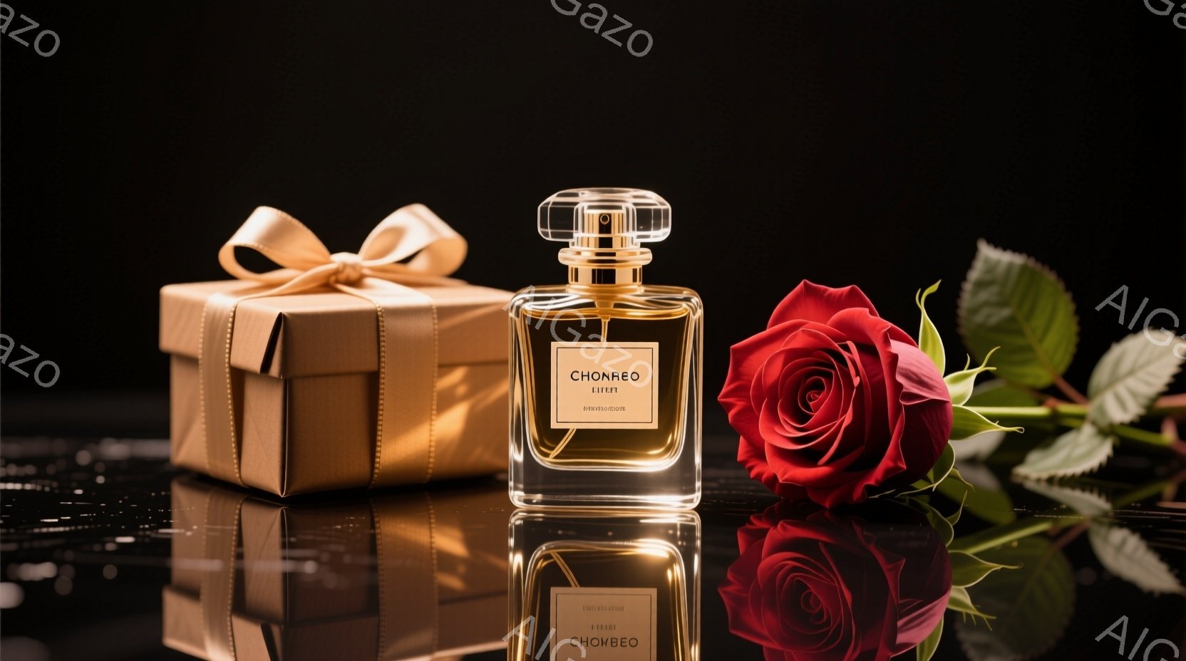 鮮やかな赤いバラと、高級感のある香水瓶が並んでいます。香水瓶はチョコレート色の箱の上に置かれ、鏡面のような台に反射して、豪華で洗練された雰囲気を醸し出しています。背景は黒で、バラと香水瓶が際立っており、ロマンチックでエレガントな印象を与えます。
