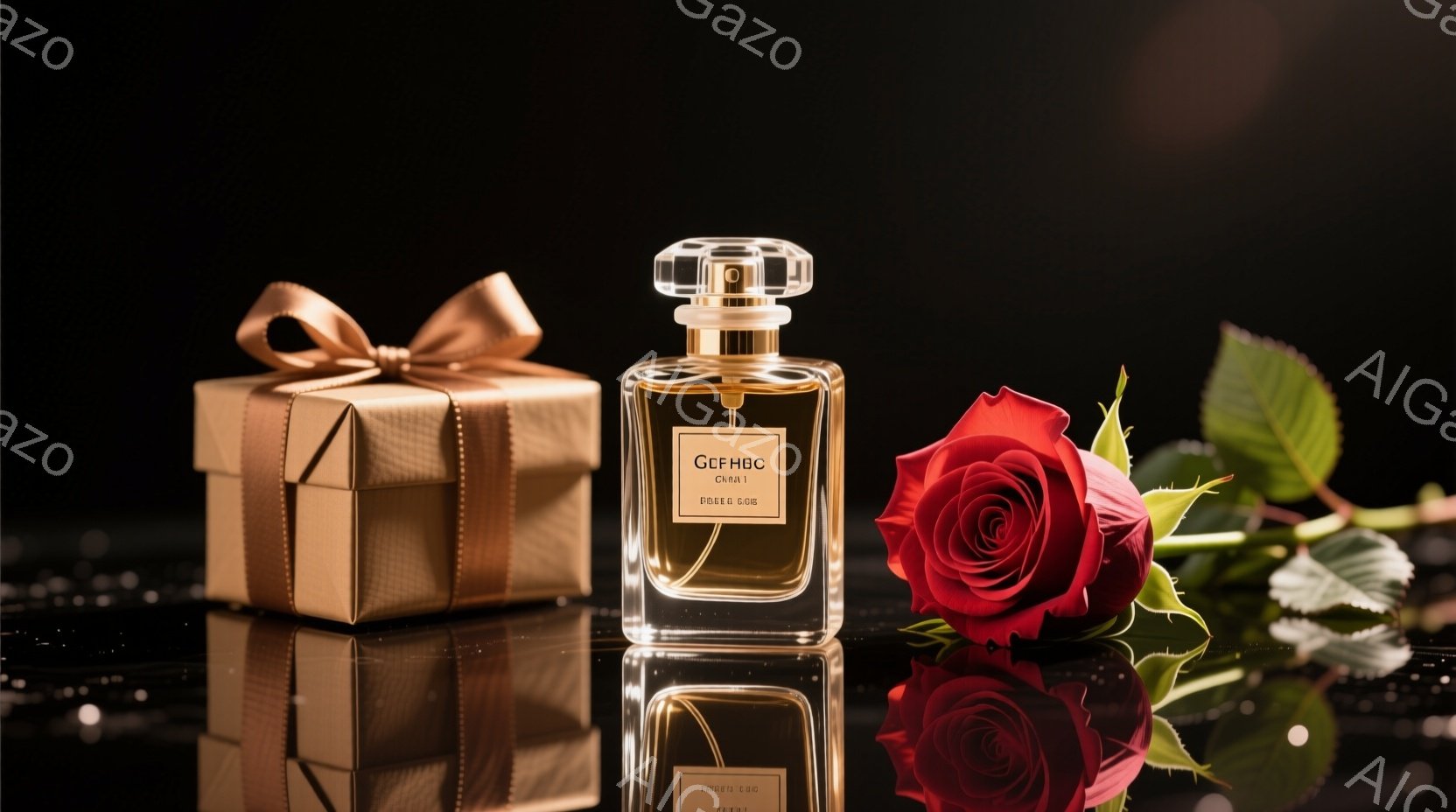 深い黒色の背景に、透明な香水瓶と金色のギフトボックス、そして赤いバラが配置されています。香水瓶には「GEORGIO ARMANI」と書かれており、ギフトボックスには金色のリボンが結ばれています。全体的に反射が強調され、華やかで高級感のある雰囲気を醸し出しています。