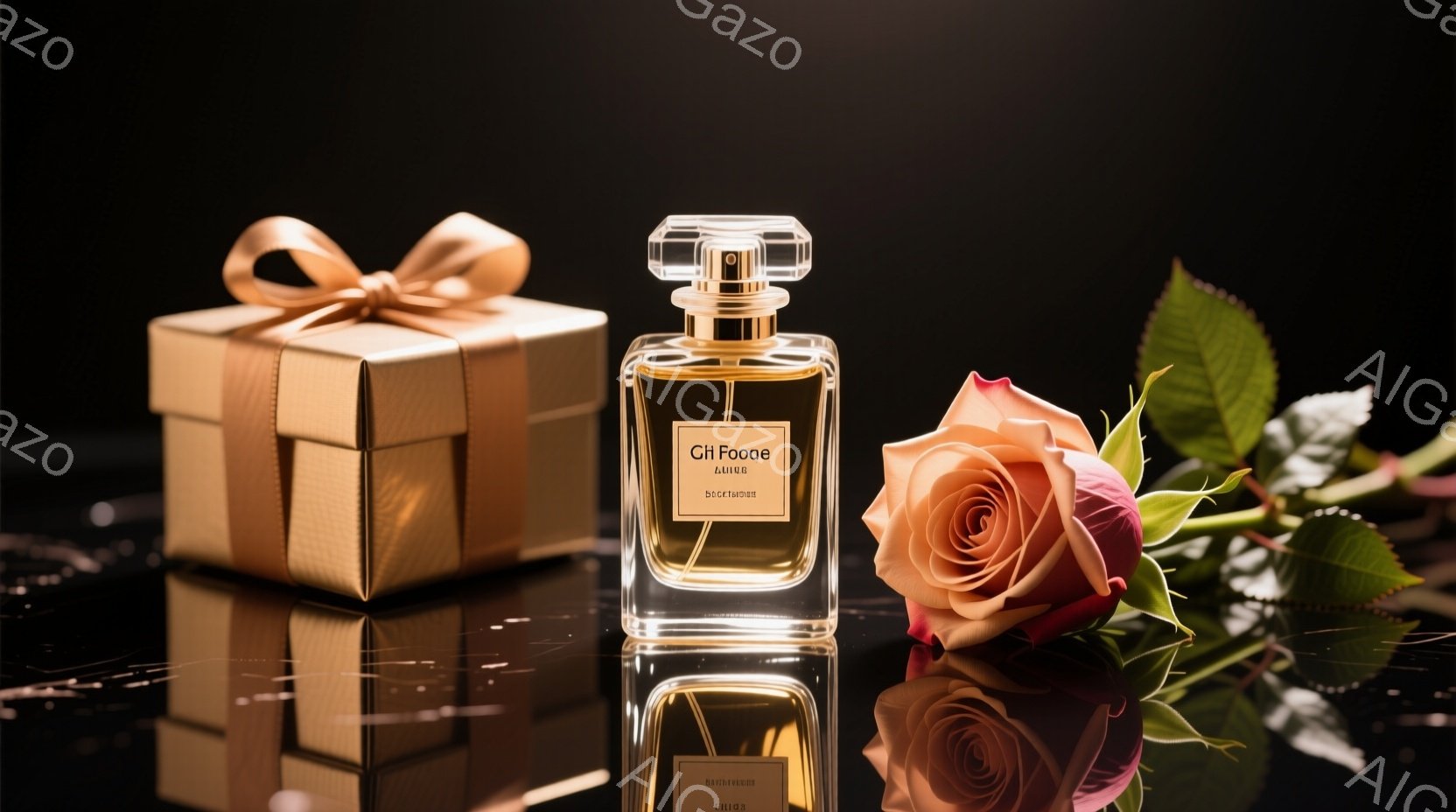 落ち着いた背景に、香水瓶とギフトボックス、そしてピンク色のバラが配置されています。香水瓶は光沢のある表面で反射し、高級感のある雰囲気を醸し出しています。バラの花びらは優雅に開き、全体的に洗練された美しさを表現しています。
