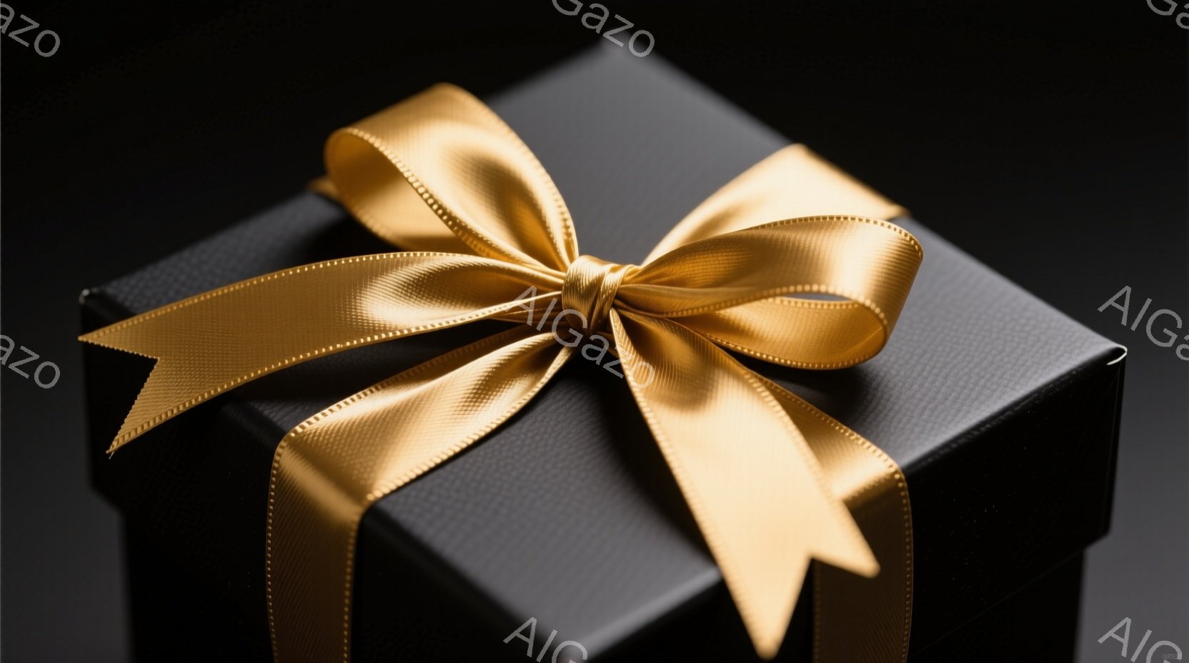 深い黒色の正方形のギフトボックスが、豪華な金色のリボンで飾られています。リボンは丁寧に結ばれ、ギフトボックスの上部に華やかなアクセントとなっています。背景は暗く、ボックスとリボンのコントラストを強調し - AI生成フリー素材