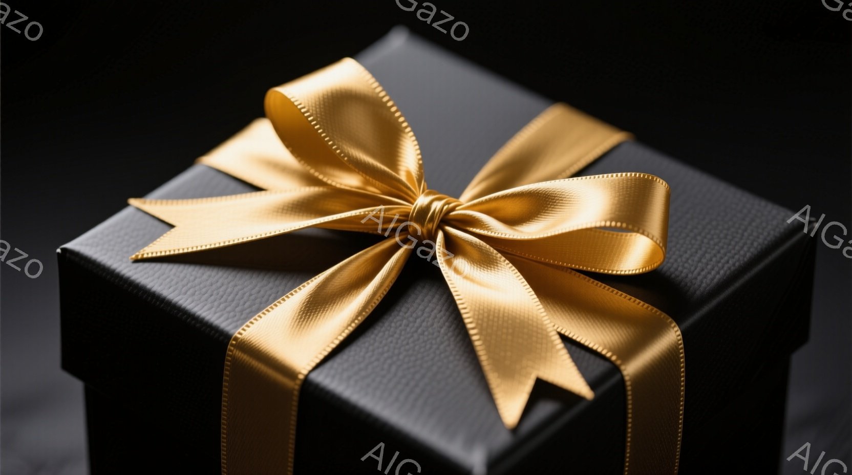 黒色のギフトボックスが、金色のリボンで美しく飾られています。箱は四角形で、表面はわずかにテクスチャがあり、高級感を感じさせます。暗い背景がリボンの輝きを際立たせ、贈り物に対する期待感を高めます。