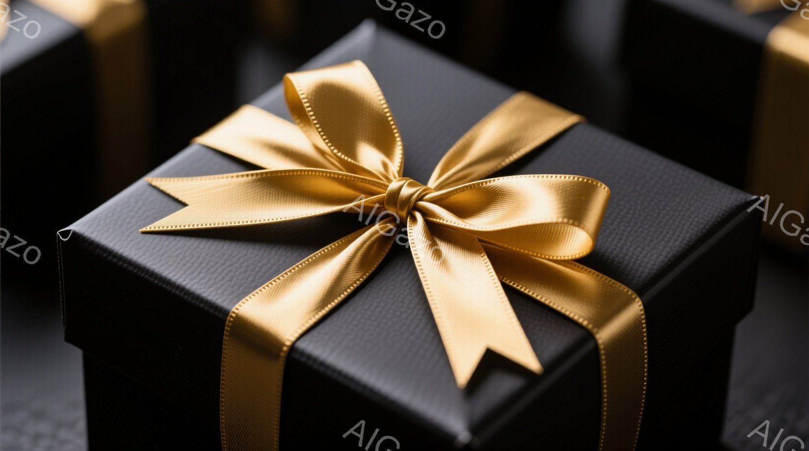 黒いギフトボックスが写っており、金色のリボンで丁寧にラッピングされています。リボンは箱の中心で大きく結ばれ、豪華で洗練された印象を与えます。背景には、同じようなギフトボックスがぼんやりと並んでおり、お - AI生成フリー素材