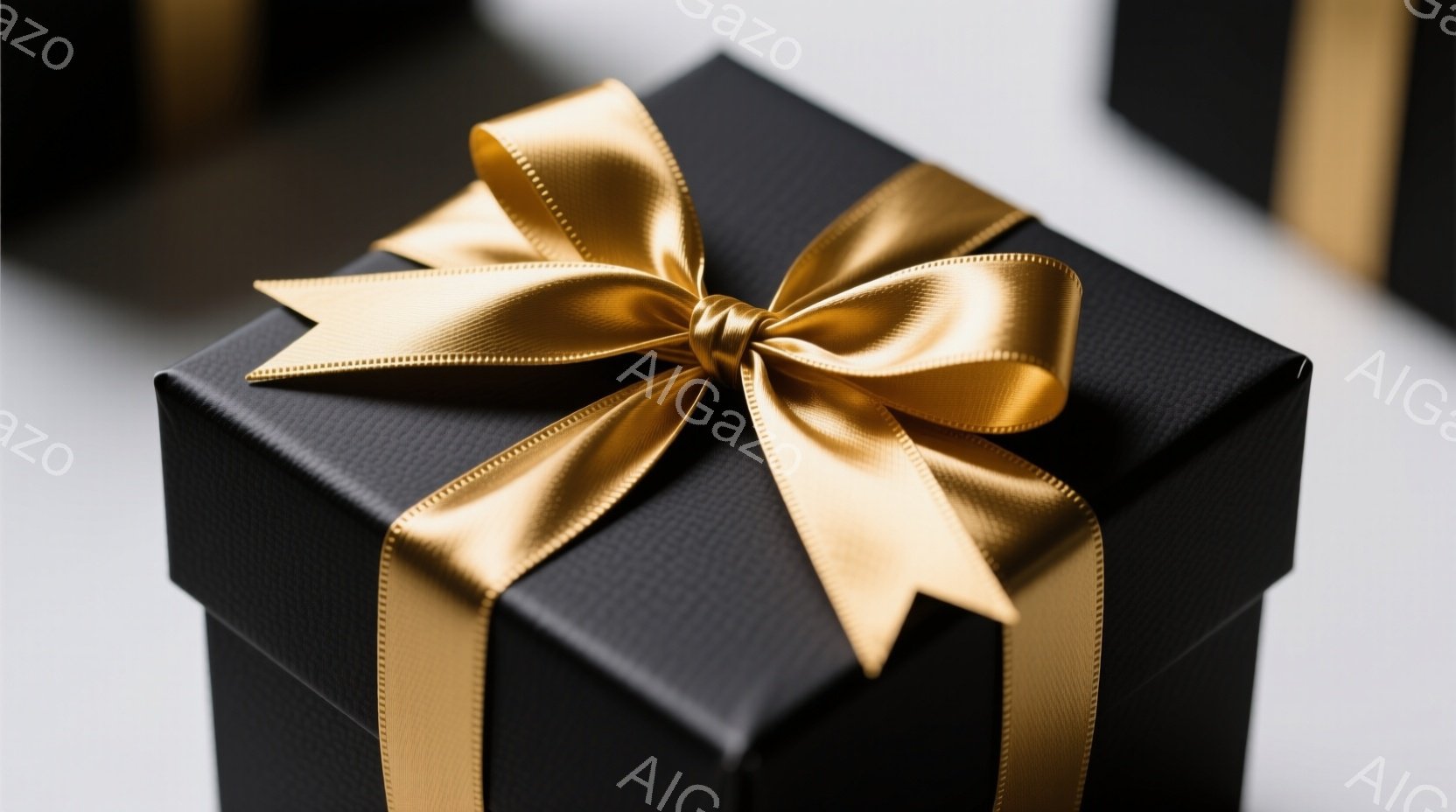 黒いギフトボックスが焦点となっており、金色のリボンが美しく結ばれています。背景は白く、わずかにぼやけており、ギフトボックスを際立たせています。全体的に高級感と洗練された雰囲気を醸し出しており、特別な機 - AI生成フリー素材