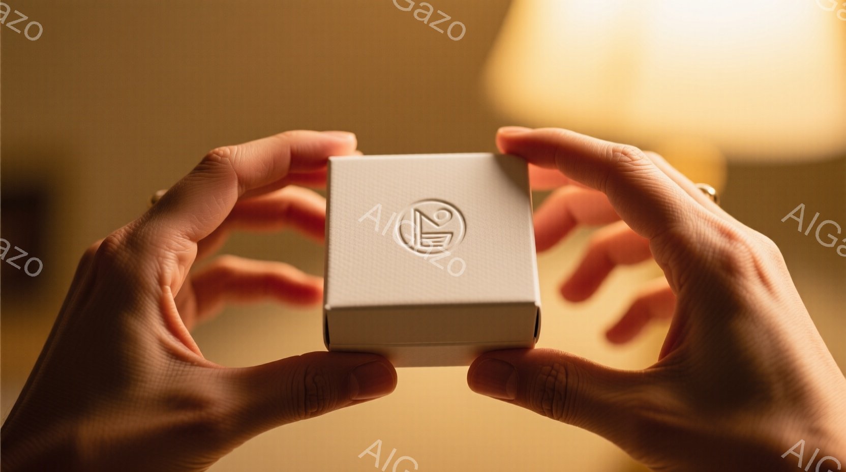 光沢のない白い箱が、手のひらで優しく包まれている。背景はぼやけており、暖かい光が当たっていることから、室内であることがわかる。箱にはロゴが刻印されており、贈り物や開封前の期待感を象徴しているように見える。