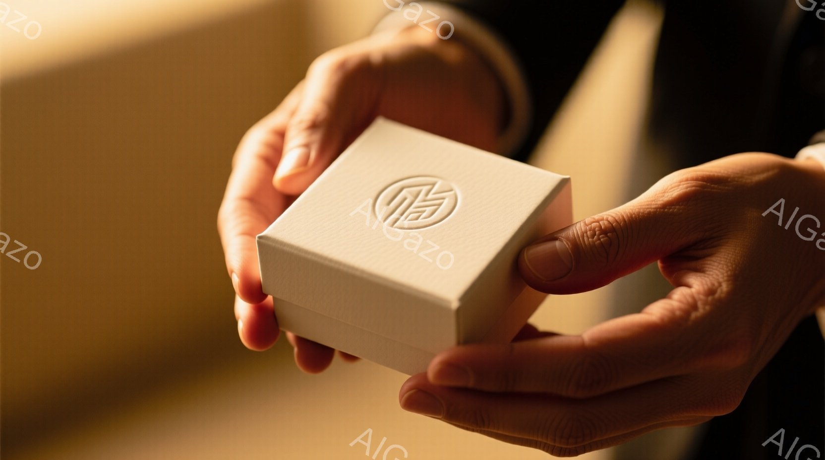 光沢のあるベージュ色の小さな箱が、手のひらに乗せられています。箱には金色の複雑な模様がエンボス加工されており、高級感と神秘的な雰囲気を醸し出しています。背景はぼやけており、焦点は完全に箱と手に集中しており、贈り物や宝物を提示する瞬間を捉えているようです。