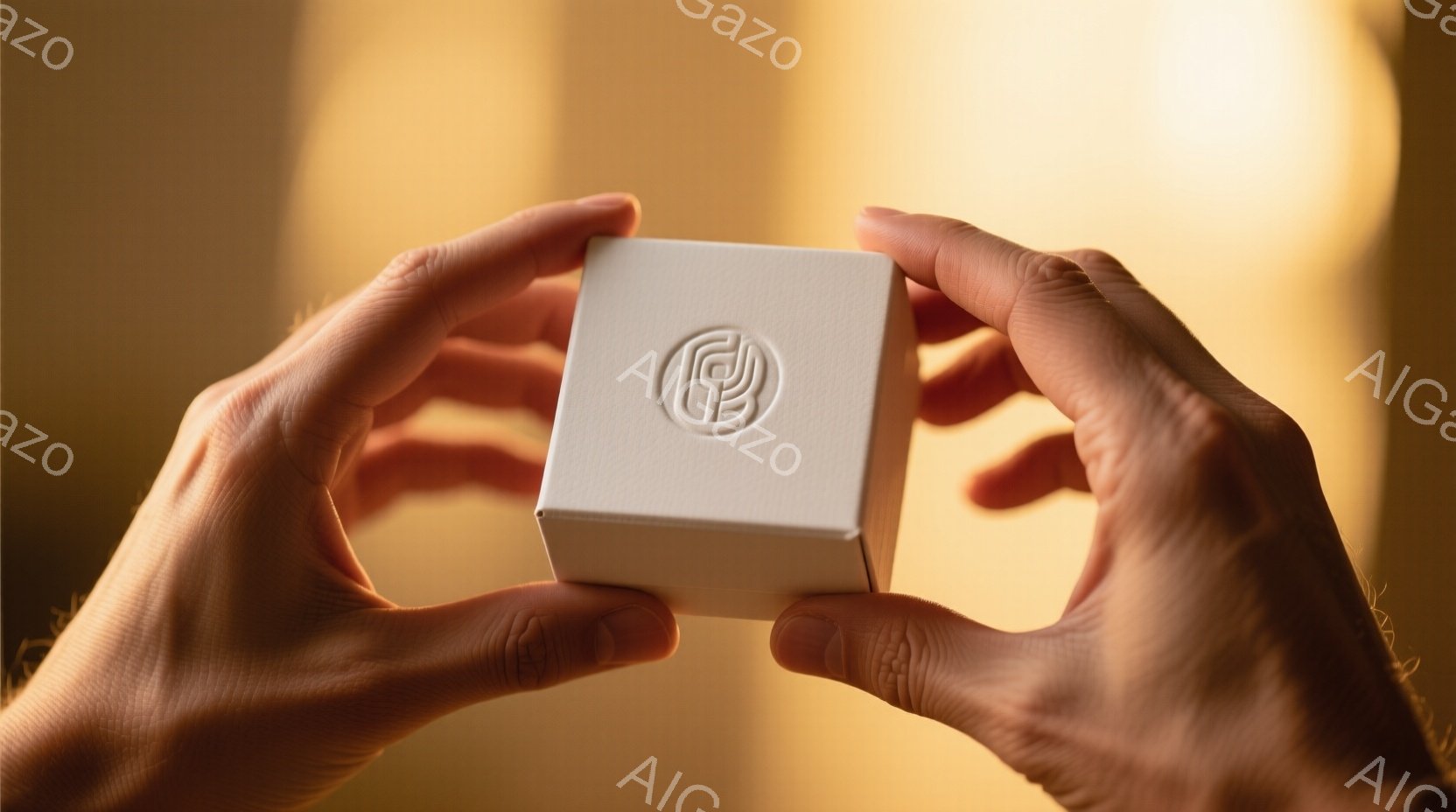 光沢のある背景をぼかしながら、人の両手が白い立方体を抱えている。立方体の中央には、独特の模様がエンボス加工されている。暖色系の照明と柔らかい焦点距離が、神秘的で上品な雰囲気を醸し出している。