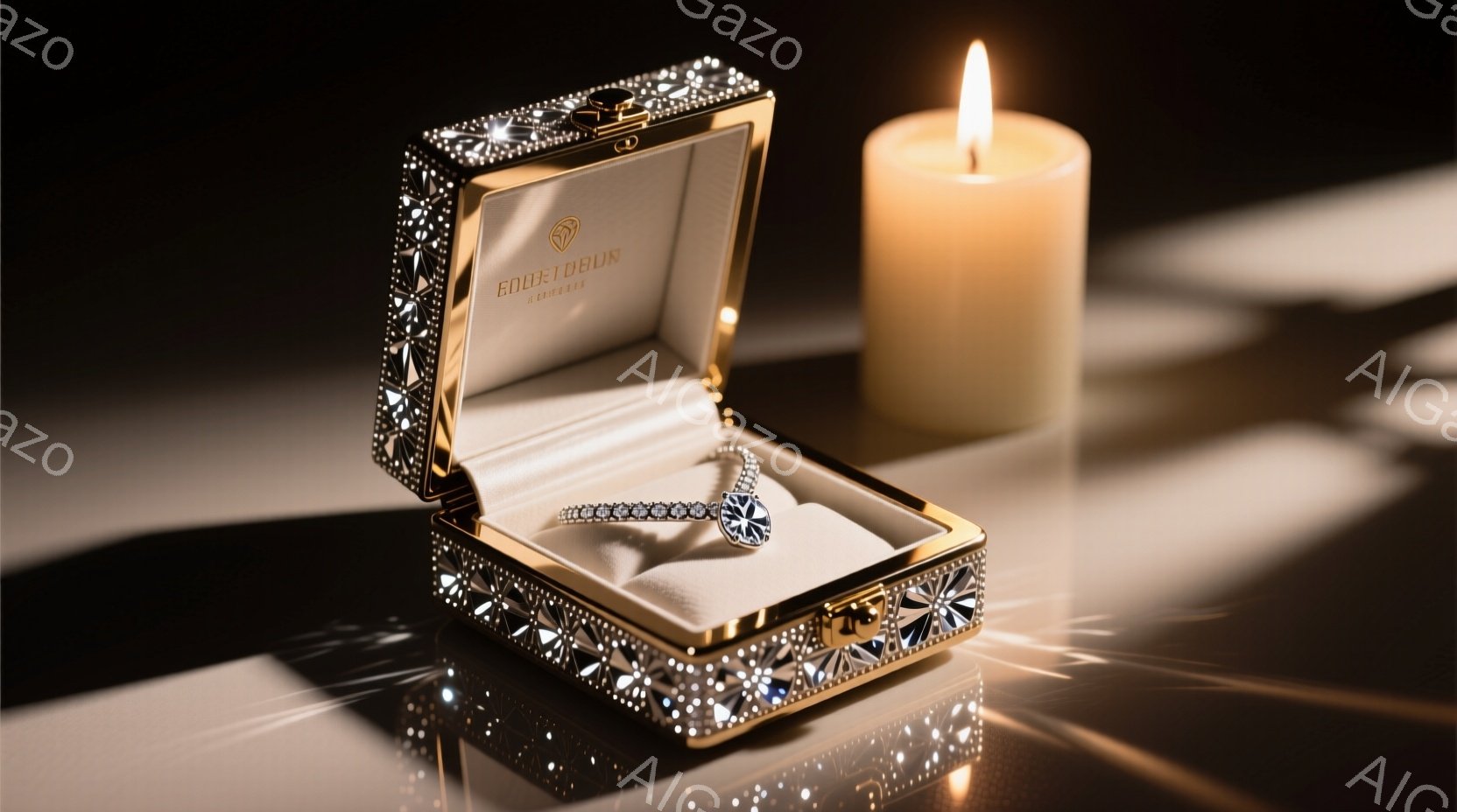 金色の装飾が施された宝石箱が、内側に輝くダイヤモンドのブレスレットと共に写っている。箱は、まるで宝石で覆われたかのように、きらびやかな輝きを放ち、その背景は暗く、箱とブレスレットの輝きを際立たせている。右側には、燃え盛るキャンドルの炎が暖かく、ロマンチックな雰囲気を醸し出している。