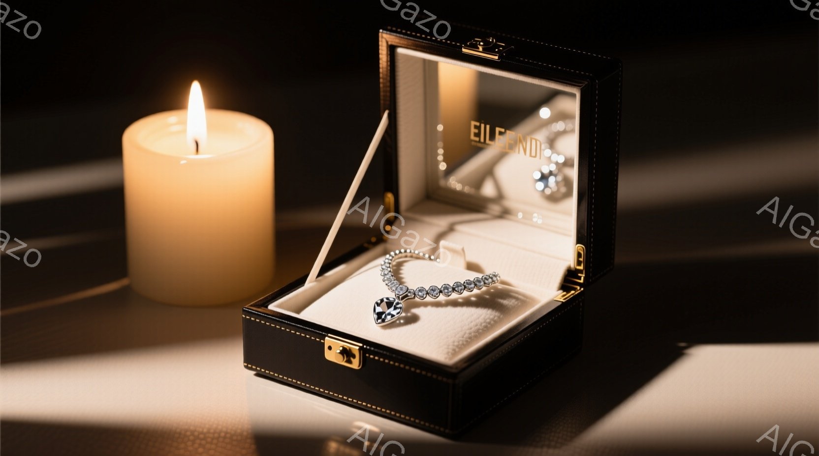 漆黒の反射面の上に、開いた黒い宝石箱が置かれています。箱の中には白いベルベットの敷き詰めがあり、きらびやかなダイヤモンドブレスレットと、小さなダイヤモンドの雫型のペンダントが置かれています。箱の左隣には、明かりを灯したキャンドルが暖かく光を放ち、高級感とロマンチックな雰囲気を醸し出しています。