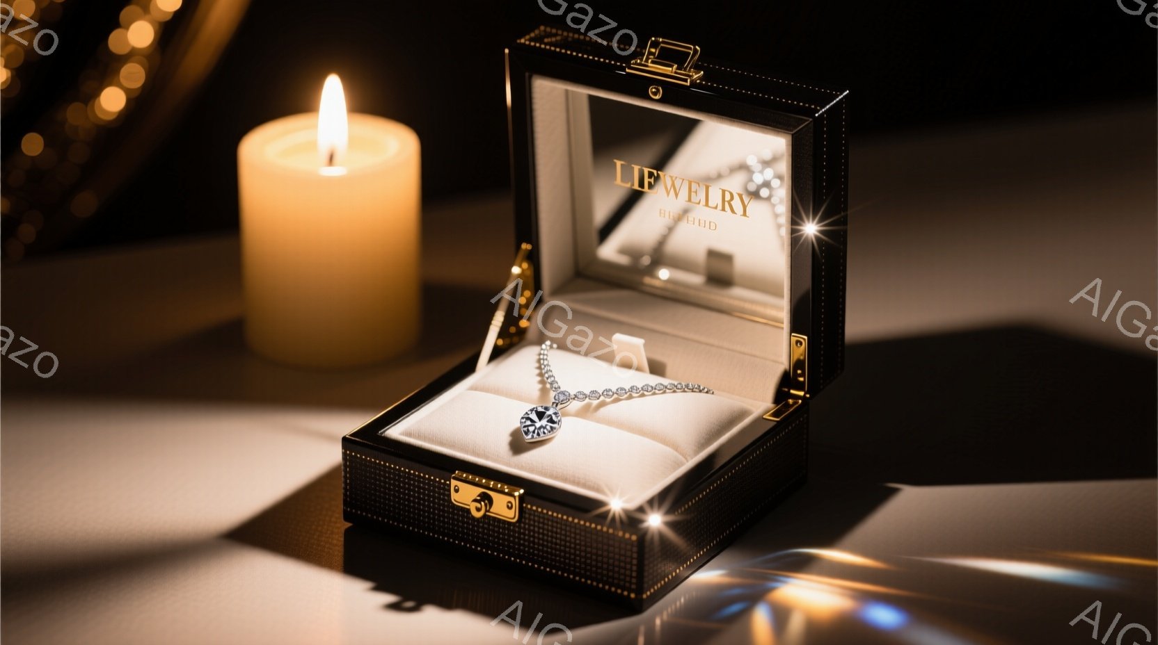 豪華な黒い宝石箱が、白い背景の上に置かれており、その中には輝くダイヤモンドのブレスレットが飾られています。箱の横には、温かい光を放つキャンドルが置かれ、周囲にはぼんやりとした光の粒子が漂い、ロマンチックで高貴な雰囲気を醸し出しています。ジュエリーブランド「LIFEWLY」のロゴが箱に刻印されており、エレガントで洗練された印象を与えます。