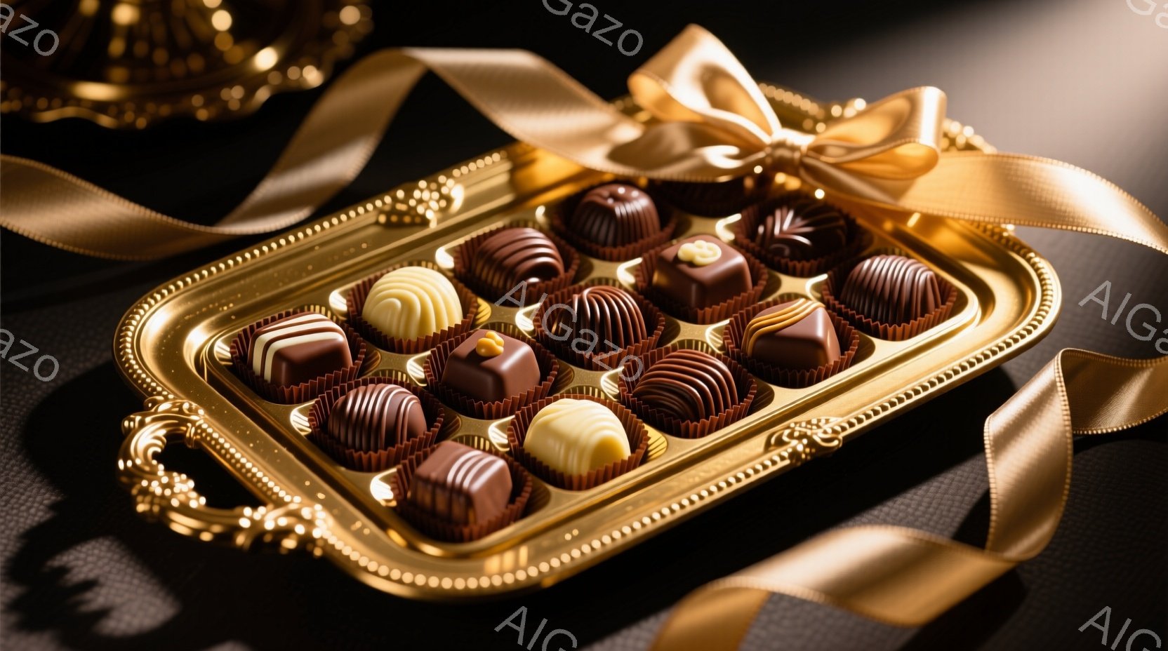 ベルベットのような黒い背景に、金色の縁取りが施された装飾的なトレーが置かれ、カラフルなチョコレートが並べられています。チョコレートは様々な形と色合いを持ち、紙製のカップに収められています。トレーは金色のリボンで飾られ、豪華で甘美な雰囲気を醸し出しています。