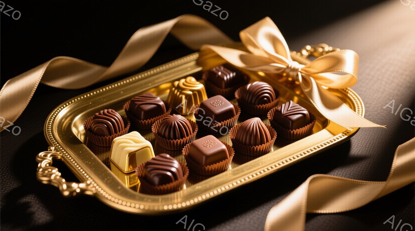 チョコレートが金色のトレーに美しく並べられています。様々な形と色のチョコレートが、繊細な紙製のカップに収められ、リボンで飾られたトレーに載せられています。背景は暗く、チョコレートの鮮やかな色が際立っています。