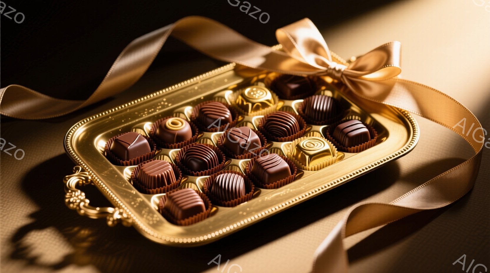 金色のトレイに、カラメルやチョコレートでコーティングされた様々なチョコレートが整然と並べられています。背景は淡いベージュの布で、光が当たってチョコレートとトレイが輝き、高級感と優雅さを醸し出しています - AI生成フリー素材