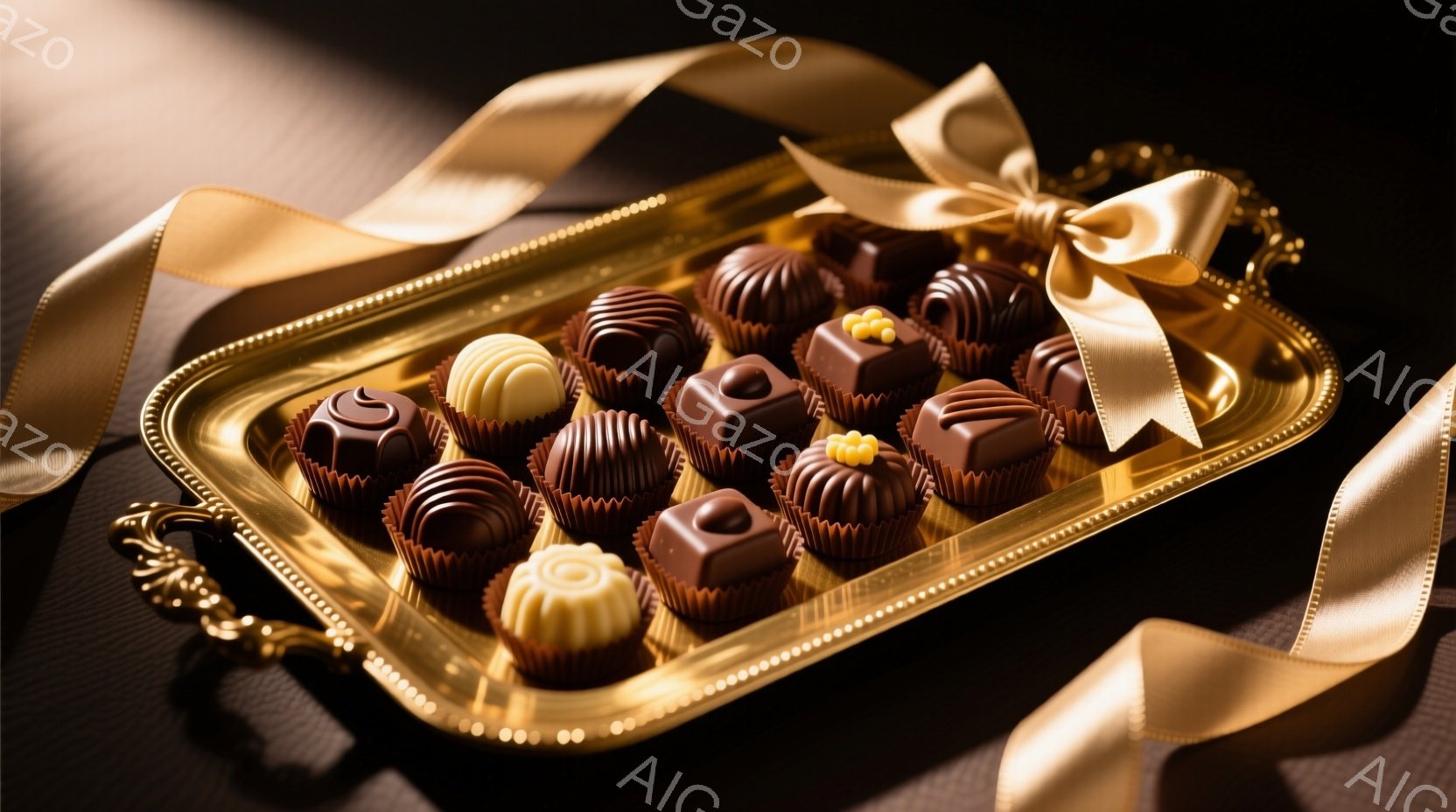 金色のトレイに様々なチョコレートが並べられています。チョコレートはミルクチョコレート、ダークチョコレート、ホワイトチョコレートなど種類が豊富で、美しいラッピングが施されています。背景は暗く、チョコレートと金のトレイが際立ち、高級感と優雅な雰囲気を醸し出しています。
