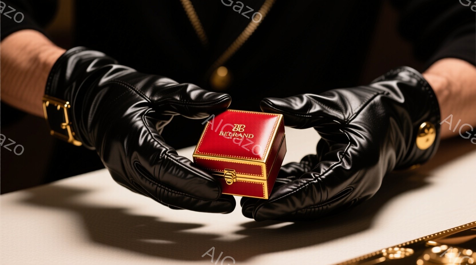 黒いレザーグローブをはめた手が、赤い宝石箱を優雅に持っている。箱には金色の文字で「BEGRAND」と書かれており、豪華な雰囲気を醸し出している。背景はぼやけており、箱と手が際立っており、上品で洗練された印象を与える。