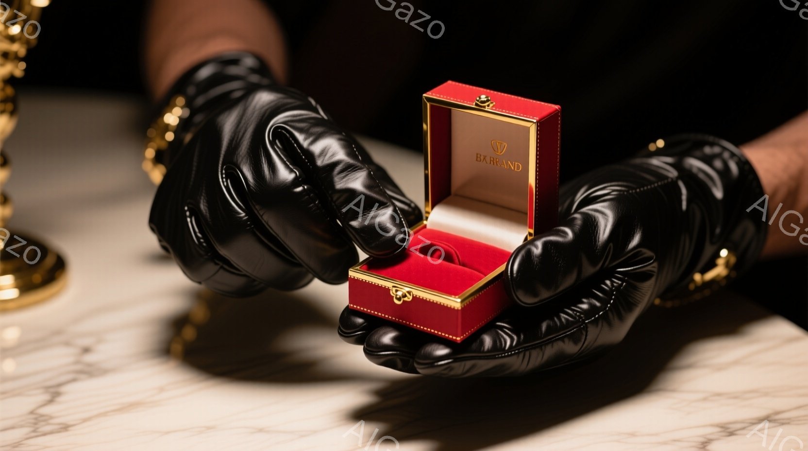 黒い手袋をはめた手が、赤いジュエリーボックスを開けようとしている様子が写っている。ボックスの中には何かが輝いており、高級感と神秘的な雰囲気を醸し出している。背景は薄暗く、大理石のような表面が光を反射し、フォーマルで洗練された印象を与えている。
