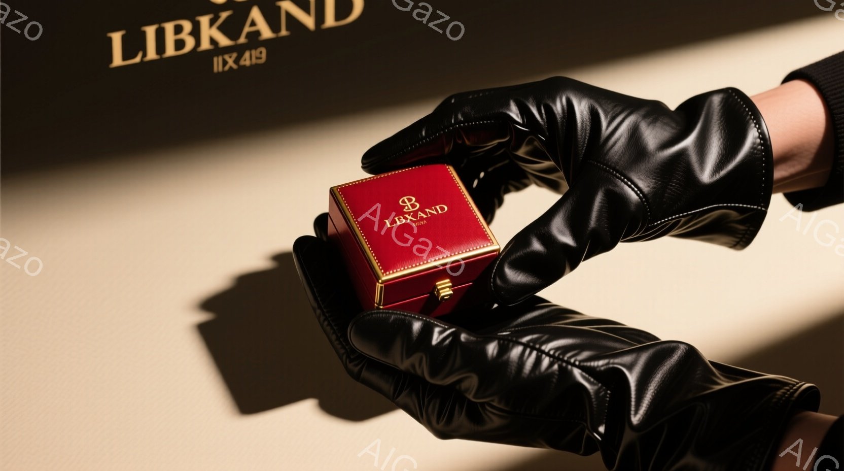 深紅色の箱が黒い革手袋に包まれ、高級感と神秘的な雰囲気を醸し出しています。箱には金色の文字で「LBKAND」と書かれており、洗練された印象を与えます。背景は落ち着いたベージュ色で、箱と手袋のコントラストを際立たせています。