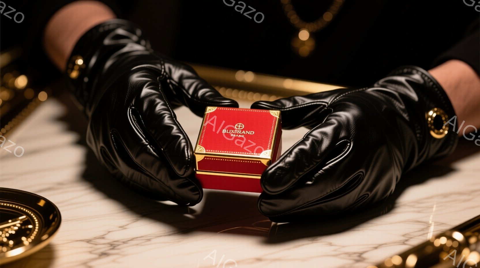 真っ黒な革手袋をはめた手が、赤い箱を優雅に抱えている。箱には金色の文字で「BUXAND BRAND」と書かれており、高級感を強調している。背景は光沢のある大理石のような表面で、金色の装飾が施され、全体的に洗練された、贅沢な雰囲気を醸し出している。