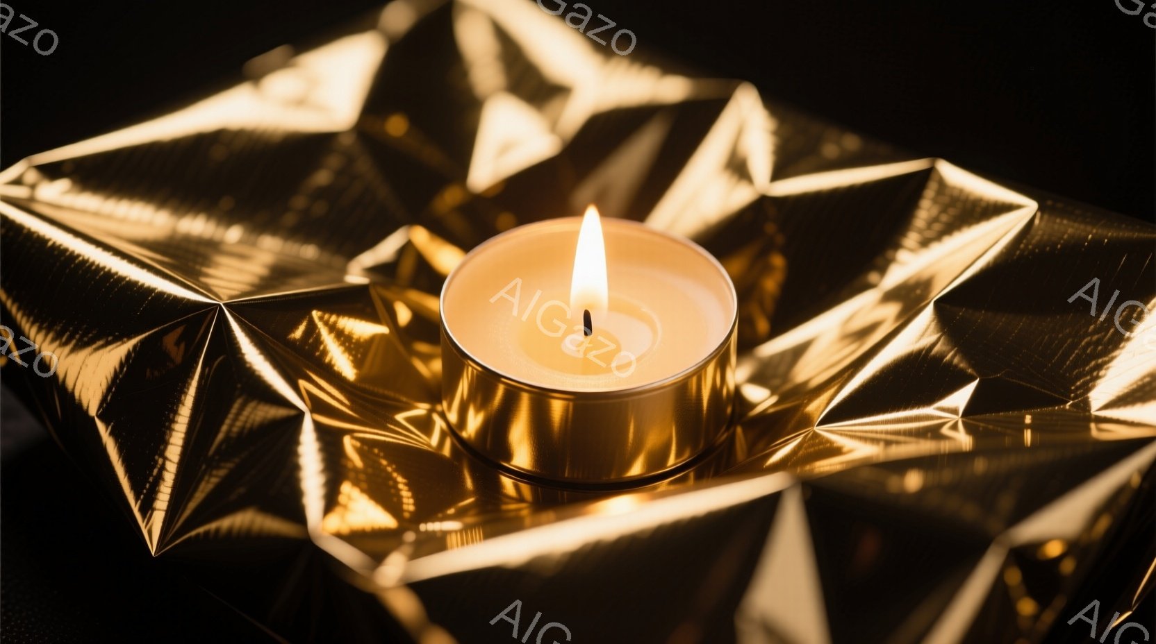 鮮やかな金色の背景に、点灯したキャンドルが置かれています。キャンドルは金属製の容器に入っており、炎が明るく輝いています。背景は幾何学的な模様で覆われており、光の反射が美しく、豪華な雰囲気を醸し出しています。