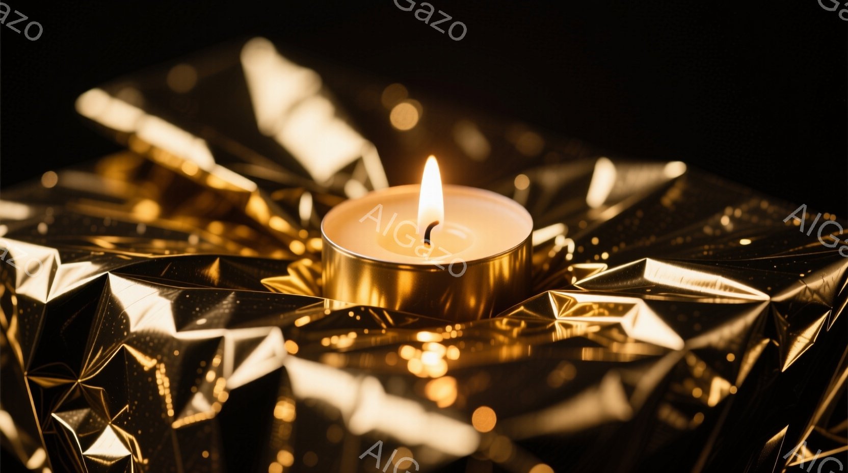 黄金色のキラキラした背景の上に、火の灯った金色のキャンドルが置かれています。キャンドルの炎は小さく、明るく、周囲に温かい光を投げかけています。全体的に、高級感があり、お祝いの雰囲気、もしくは静謐な雰囲 - AI生成フリー素材