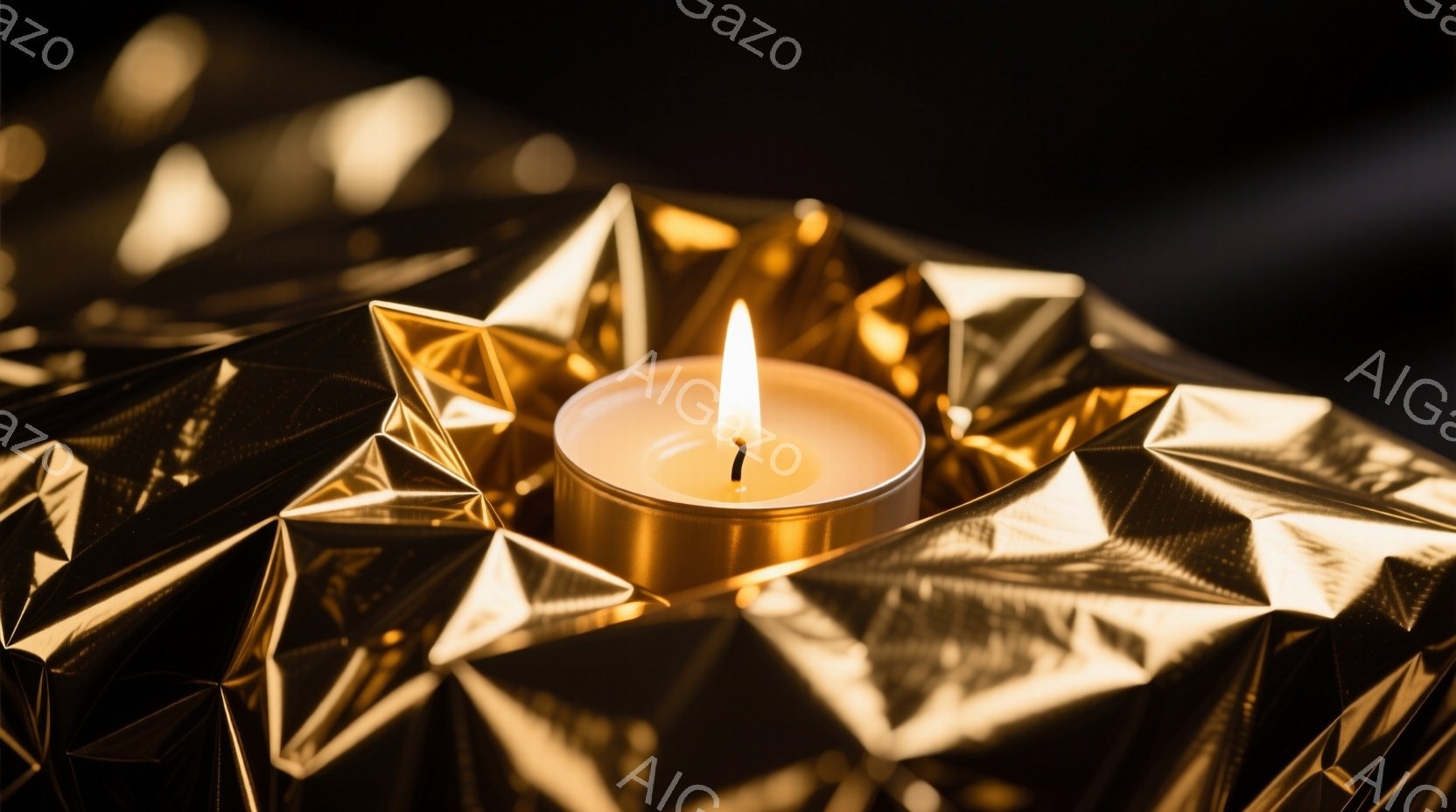 光沢のある金色の折り紙のような背景の中に、火の灯った小さな白いキャンドルが置かれている。キャンドルの炎は明るく、周囲の金色を照らし出している。全体的に、暖かく、神秘的で、落ち着いた雰囲気を醸し出してい - AI生成フリー素材