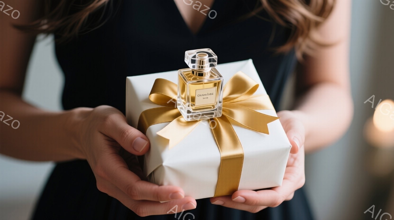 濃い髪の女性が、白いリボンで飾られた香水瓶を両手で大切に抱えています。彼女は黒いドレスを着ており、背景はぼやけていますが、柔らかな光が差し込んでいるようです。全体的に、優雅で洗練された雰囲気が漂っています。