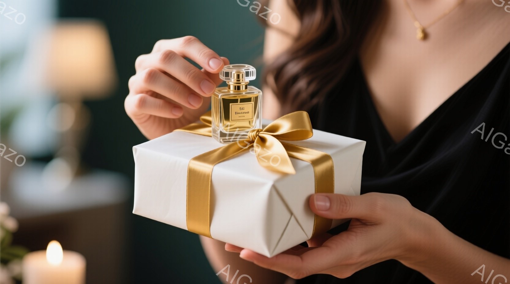 白いギフトボックスを手に持った女性が写っています。彼女は黒いドレスを着ており、髪は後ろでまとめています。背景にはぼやけた光と緑が見え、贈り物を受け取るか贈るか、特別な機会を連想させる、優雅で上品な雰囲気が漂っています。