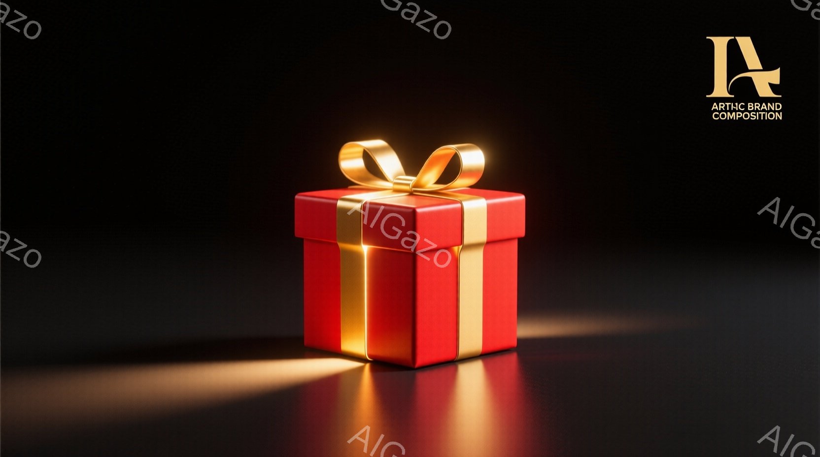深紅色のギフトボックスが、光沢のある金色のリボンで美しく飾られています。箱は黒い反射面の上に置かれ、下から暖かい光が当たって、上品で神秘的な雰囲気を醸し出しています。 全体的に、特別な機会や贈り物を示唆する、洗練されたイメージです。