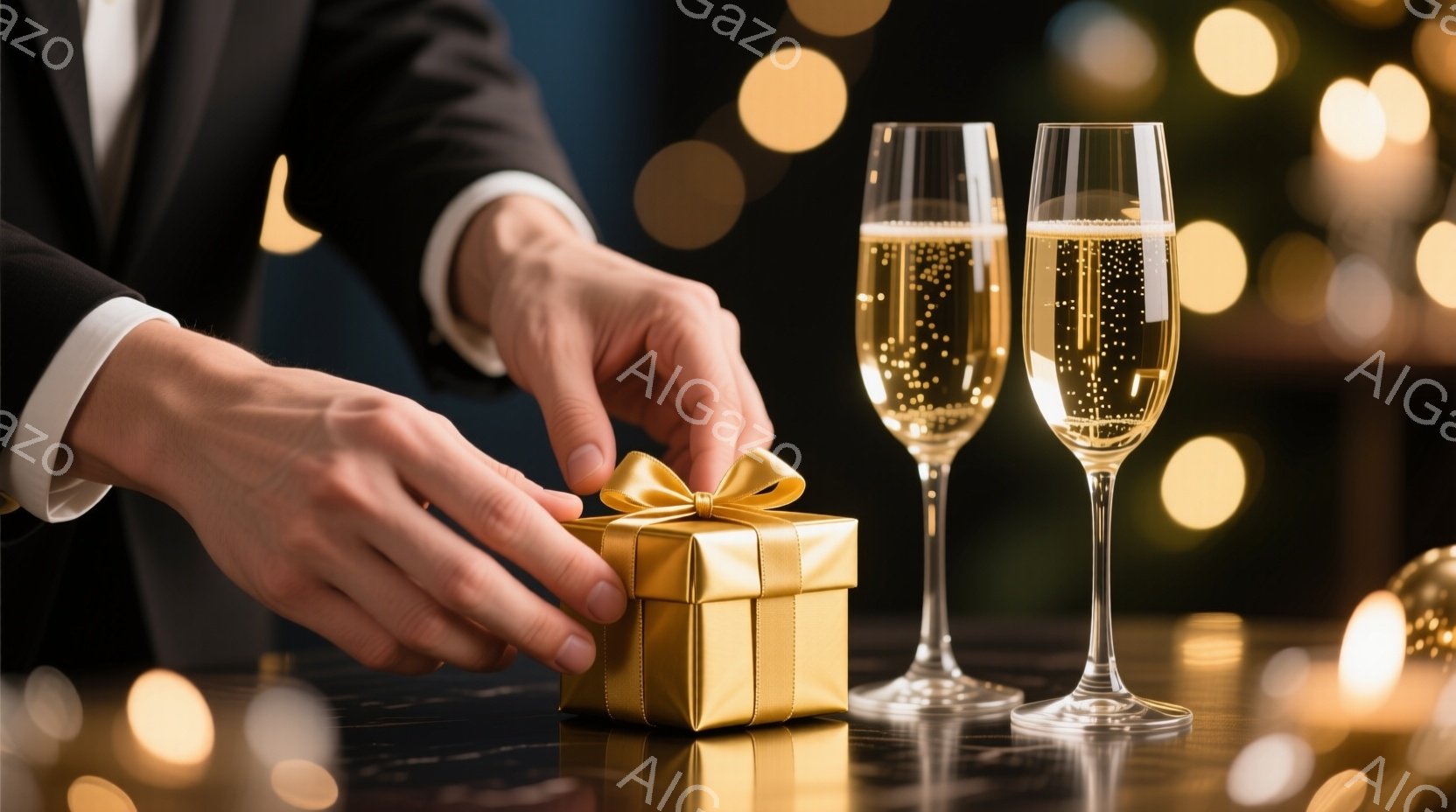 金色のギフトボックスを男性が手に持っており、リボンをほどこうとしている様子が写っている。背景にはシャンパングラスが二つと、ぼやけた黄金色の光の背景が見え、お祝いや特別なイベントの雰囲気を醸し出している - AI生成フリー素材