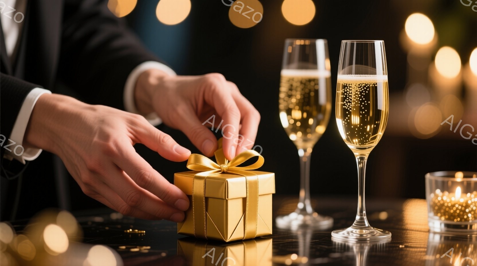 金色の包装紙で結ばれた小さなプレゼントボックスが、磨かれたテーブルの上に置かれています。背景にはシャンパンが注がれたグラスと光るキャンドルがぼんやりと見え、男性の手がプレゼントボックスの結び目を丁寧に - AI生成フリー素材