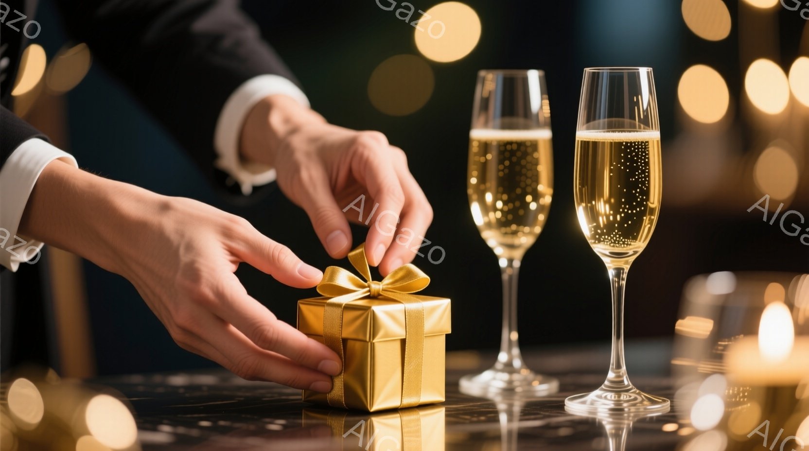 豪華な金のギフトボックスを男性の手が優しく掴んでいる様子が映っている。背景にはシャンパンが注がれたグラスと、ぼやけた金色の光のぼかしがあり、お祝いや特別な機会の雰囲気を醸し出している。大理石のような光沢のある台の上に置かれたギフトボックスとグラスは、洗練されたエレガントな印象を与える。