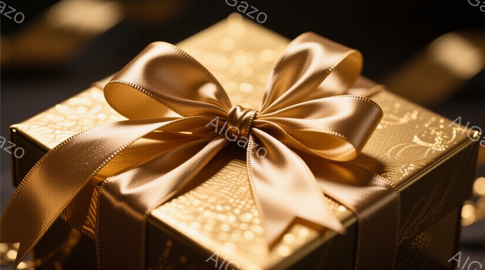 金色の包装紙で包まれたギフトボックスが写っている。リボンは優雅に結ばれ、光沢のある金色の包装紙には繊細な模様が施されている。背景は暗くぼやけており、ギフトボックスが際立って見える、贅沢で洗練された雰囲 - AI生成フリー素材