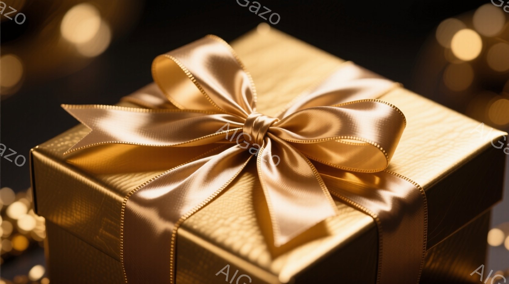 豪華な金色のギフトボックスが、暗い背景に浮かび上がっている。リボンは丁寧に結ばれ、光沢があり、ボックス全体を上品に彩っている。背景にはぼやけた金色の光点が散りばめられており、特別な機会やプレゼントを連 - AI生成フリー素材