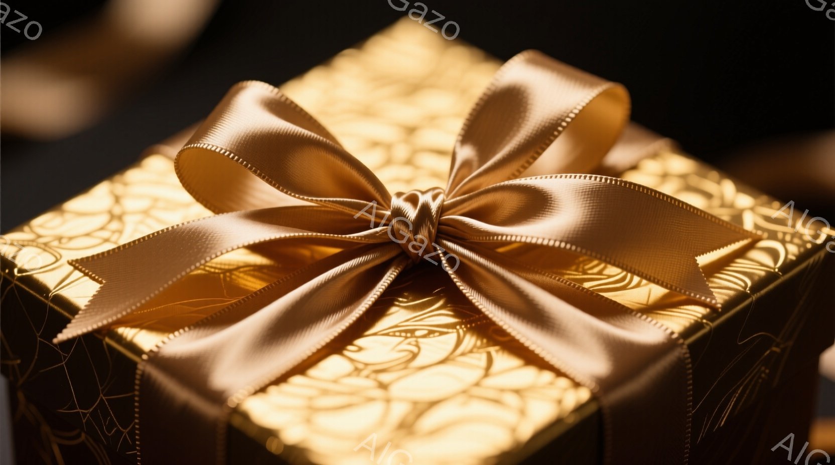 金色の包装紙で覆われたギフトボックスが写っている。繊細な模様が全体を覆い、明るい光が当たって上品な輝きを放っている。リボンは丁寧に結ばれており、プレゼントの特別感を高めている。 - AI生成フリー素材