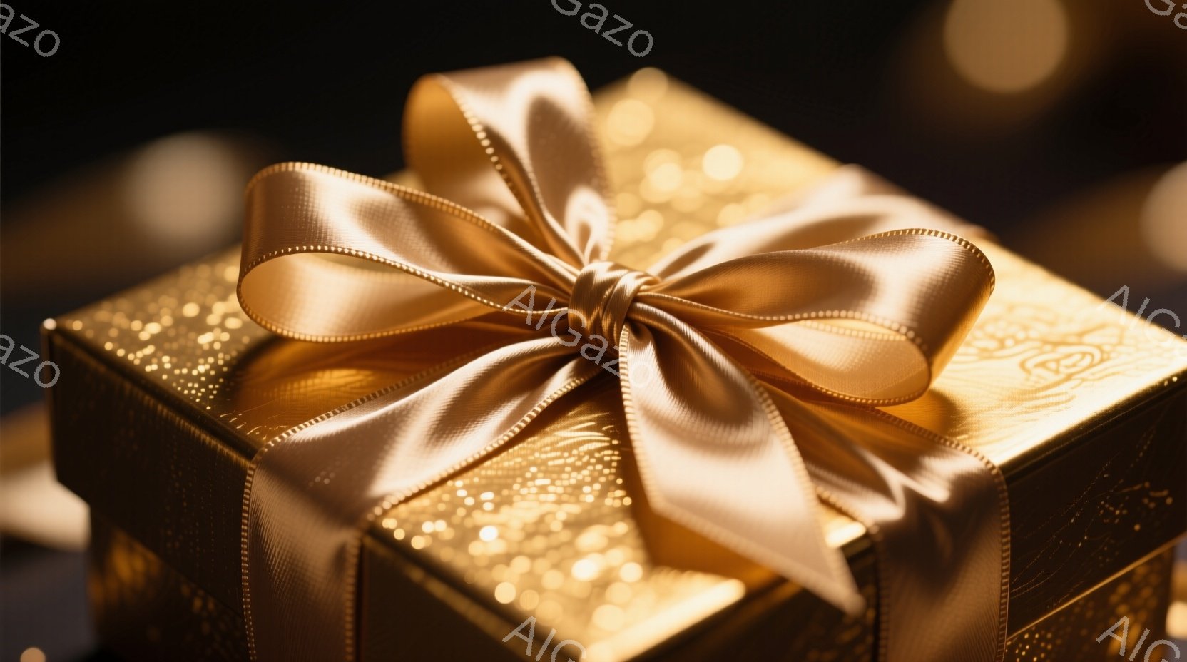 金色のギフトボックスが写っており、きらびやかな光沢が特徴的です。リボンは丁寧に結ばれており、ボックス全体に贅沢な雰囲気が漂います。背景は暗くぼやけており、ギフトボックスが際立っています。