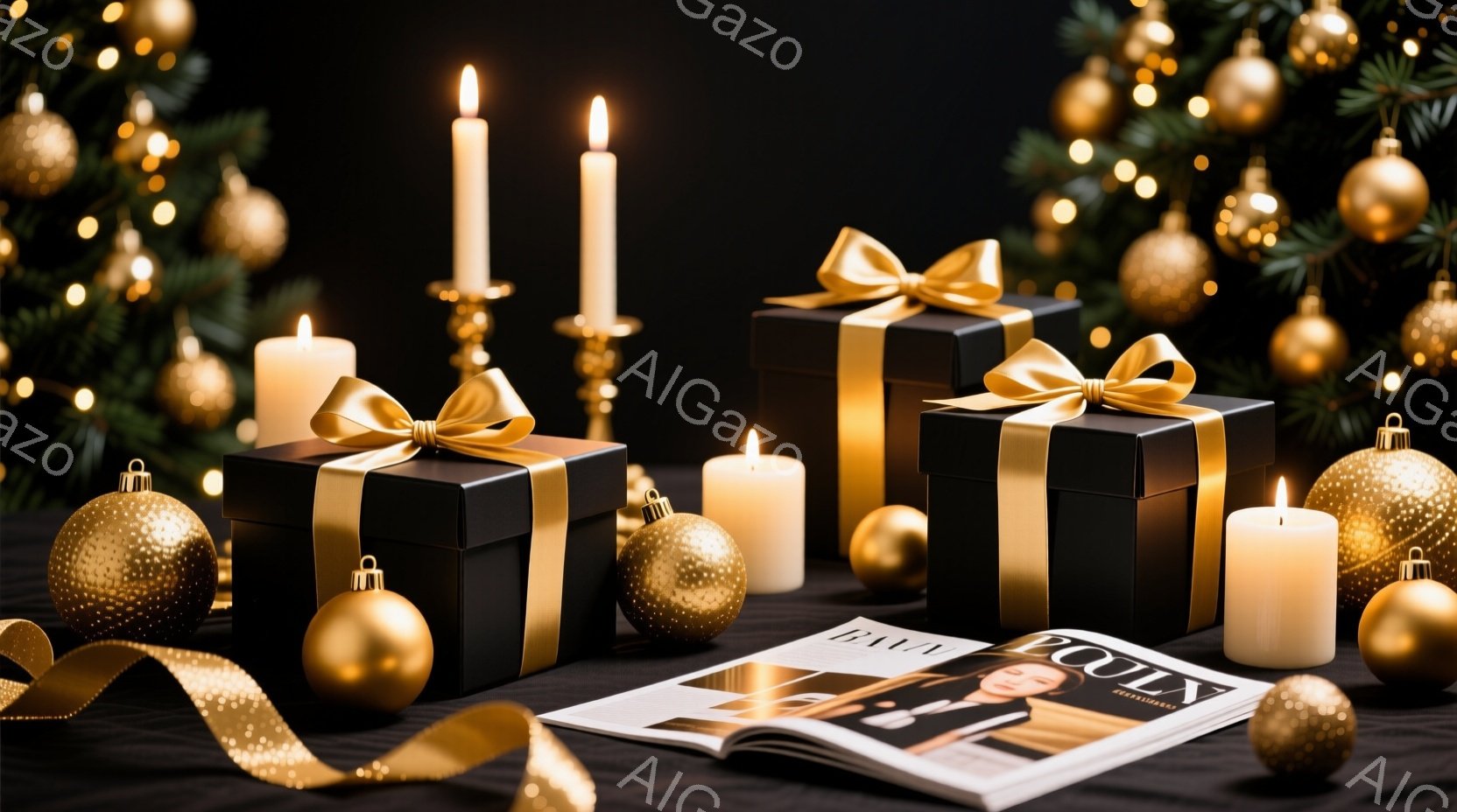 黒い背景に、金色のオーナメントやギフトボックス、キャンドルが配置された静物画です。ギフトボックスには金色のリボンが結ばれており、豪華な雰囲気を醸し出しています。雑誌も一部見えており、全体的に洗練された - AI生成フリー素材