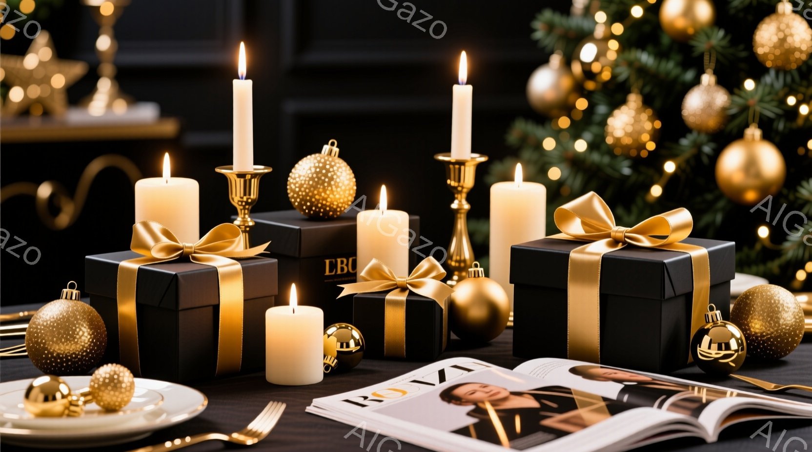 黒を基調としたクリスマスシーンで、ラッピングされたプレゼント、キャンドル、そして金色のオーナメントが配置されています。テーブルの上には、開かれた雑誌とディナーセットが置かれ、華やかで落ち着いた雰囲気を醸し出しています。背景にはクリスマスツリーが見え、暖かく贅沢なホリデーシーズンを彷彿とさせます。