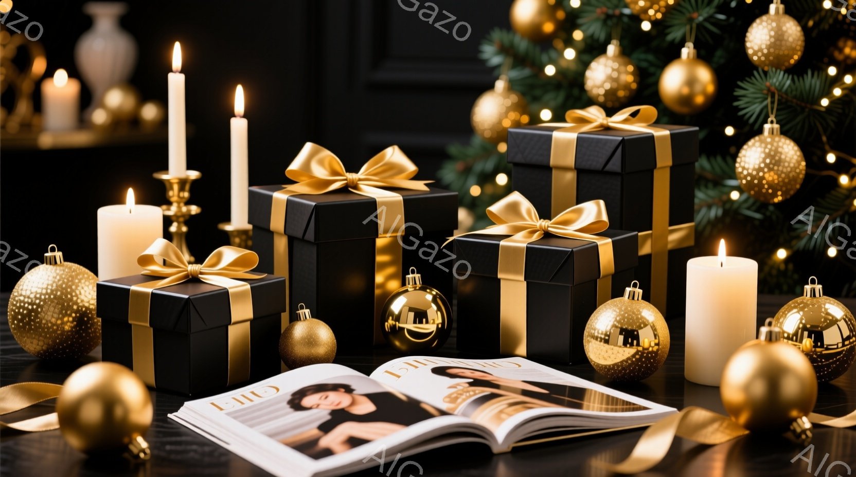 黒いギフトボックスが複数、金色のリボンで飾られて配置され、その周りには金色のオーナメントボールや点灯されたキャンドルが散りばめられています。手前には開かれた雑誌があり、カバーには人物の写真が写っています。背景には、ぼやけたクリスマスツリーの緑と輝くライトが見え、暖かく華やかな雰囲気を醸し出しています。