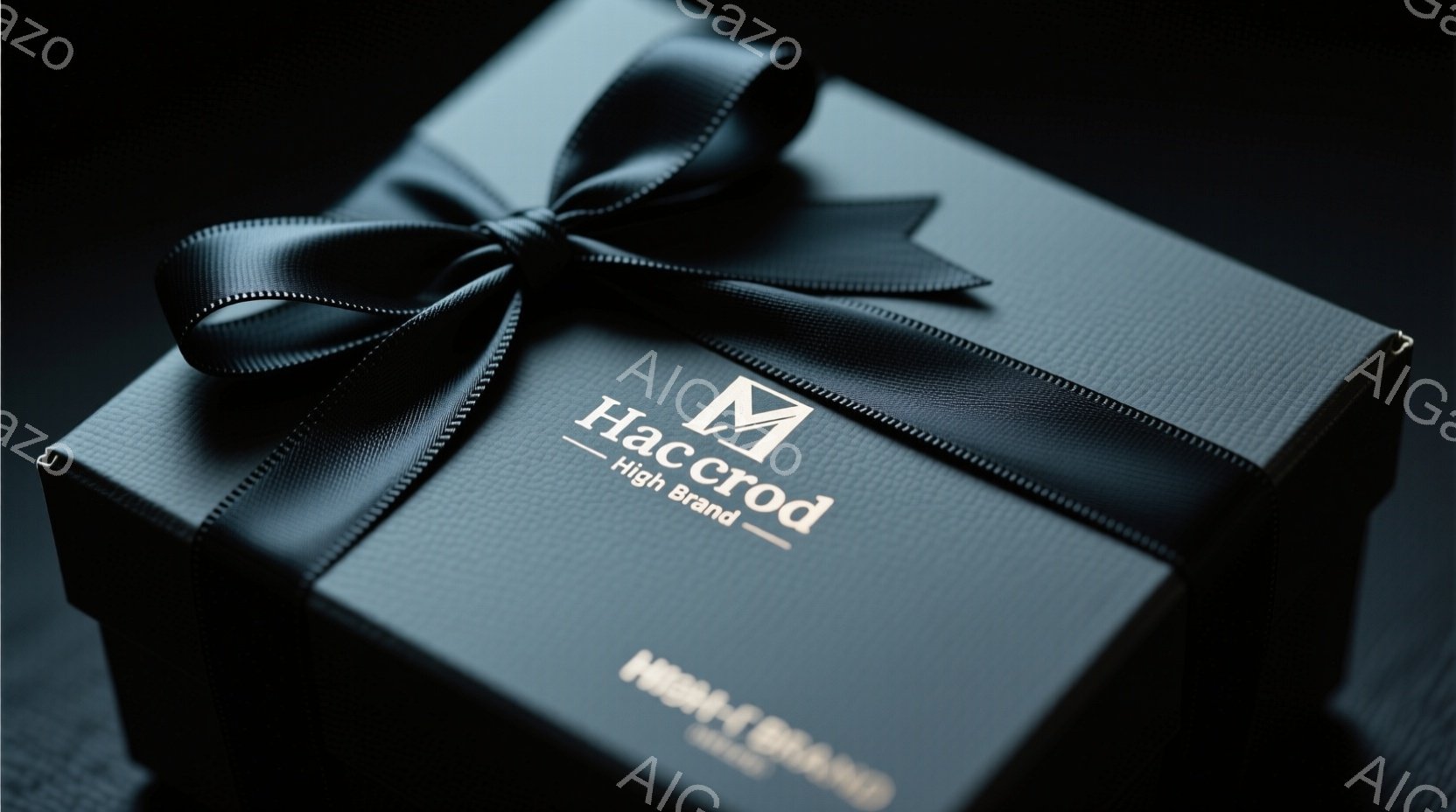 深い青色のギフトボックスが写っており、ボックスの上には黒いリボンが美しく結ばれています。ボックスには金色の文字で「M」と「High Brand」というロゴが印刷されています。背景は暗く、焦点がボックスに絞られているため、高級感と神秘的な雰囲気を醸し出しています。