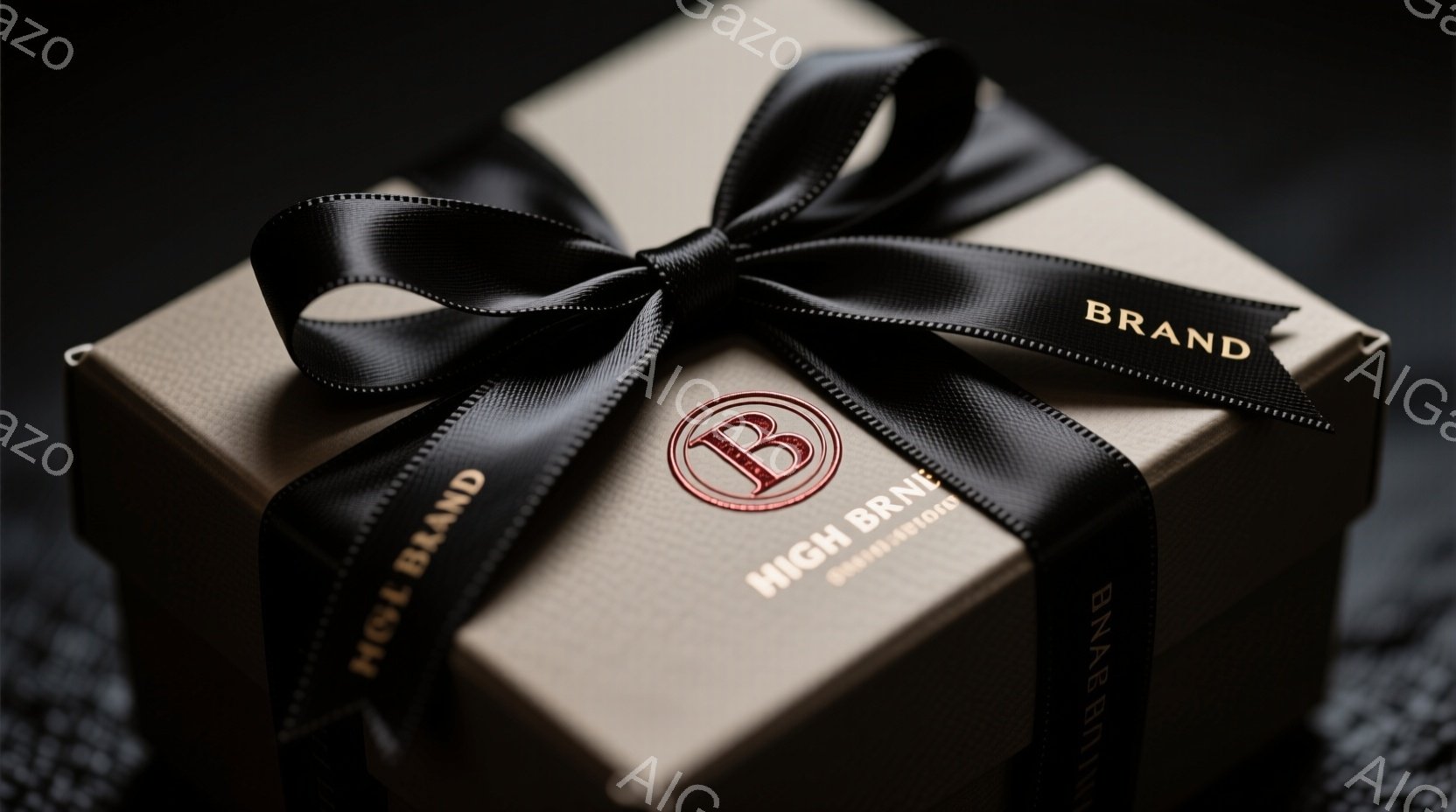 茶色のギフトボックスが写っており、黒いリボンで丁寧に結ばれています。ボックスには「HIGH BRAND」とロゴが印刷されており、シンプルでありながら高級感のある雰囲気を醸し出しています。背景は暗く、ギ - AI生成フリー素材