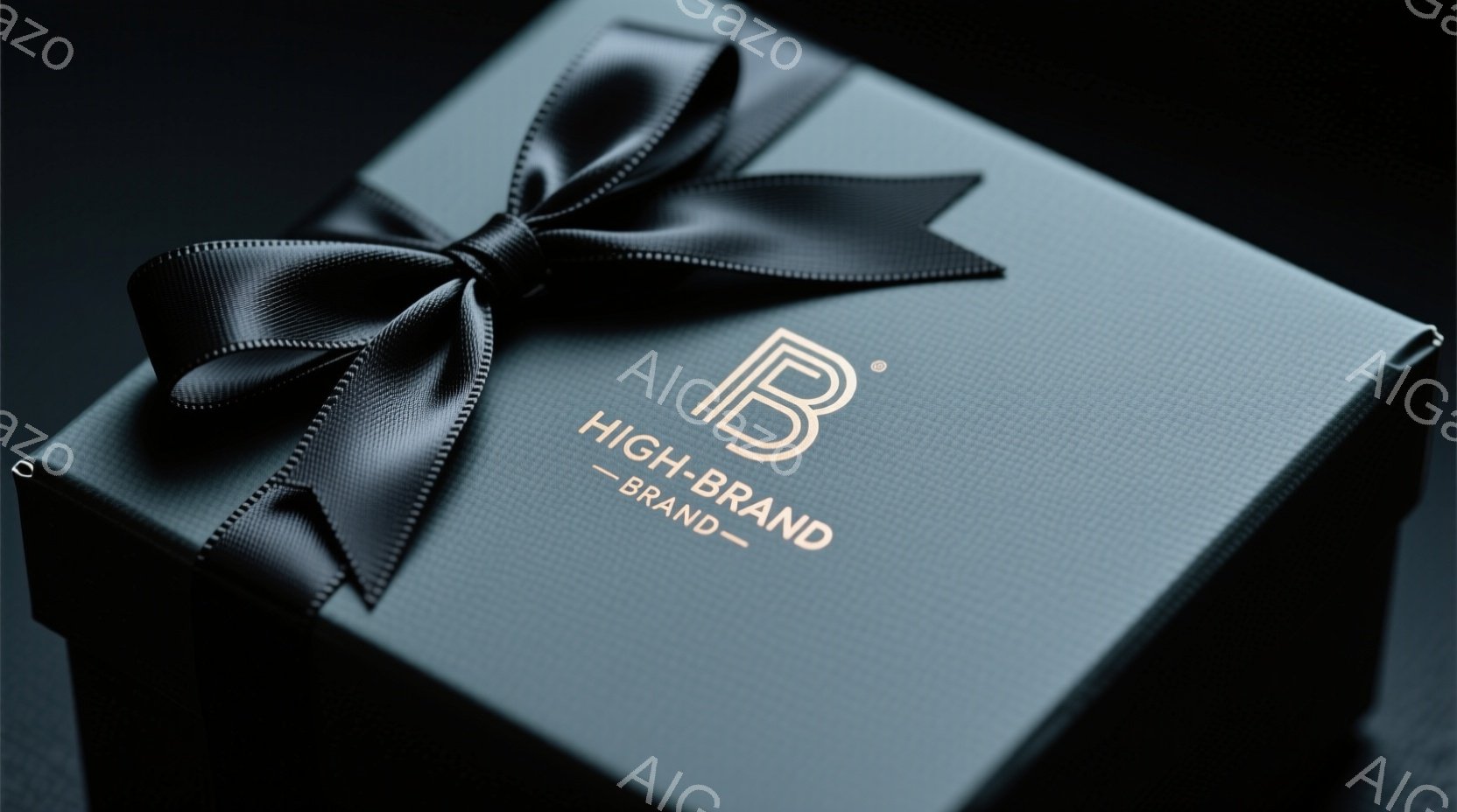 黒いギフトボックスが写っており、リボンで飾られています。箱の上部には金色の文字「B」と点があり、高級感と洗練された雰囲気を醸し出しています。背景は暗く、ギフトボックスが際立って見えます。