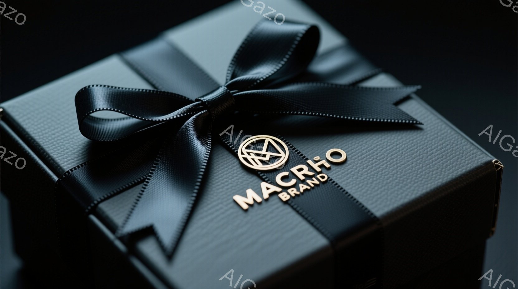 深い黒色のギフトボックスが写っており、金色のロゴ「MACRI」とブランド名が箔押しで施されています。黒いリボンが美しく結ばれ、高級感と洗練された雰囲気を醸し出しています。背景は暗く、ボックスが際立つように設計されており、特別な贈り物や贅沢な体験を連想させます。