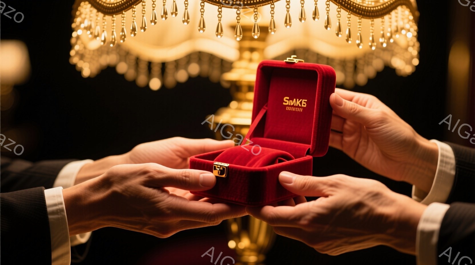 鮮やかな赤いベルベットの箱が、手のひらの中で開かれようとしています。箱は金色の留め金で固定されており、背景には豪華な金色のシャンデリアがぼやけて見えます。全体的に、この画像はロマンチックで特別な瞬間を暗示しており、高級感と洗練された雰囲気が漂っています。