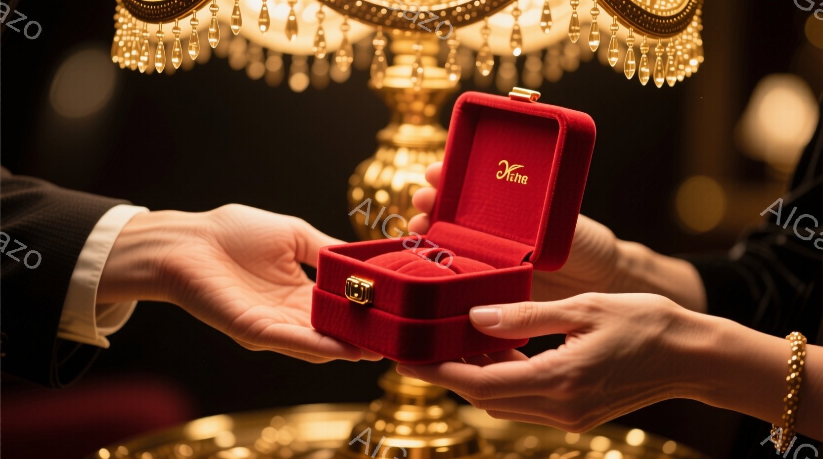 豪華なシャンデリアが背景にぼんやりと見える中、男性と女性が赤いベルベットの指輪箱を手に取り合っています。男性は黒いスーツを着ており、女性は光沢のあるドレスを着ており、手首には金色のブレスレットが輝いています。箱の中には、きらめく指輪が収められており、プロポーズやロマンチックな雰囲気を示唆しています。