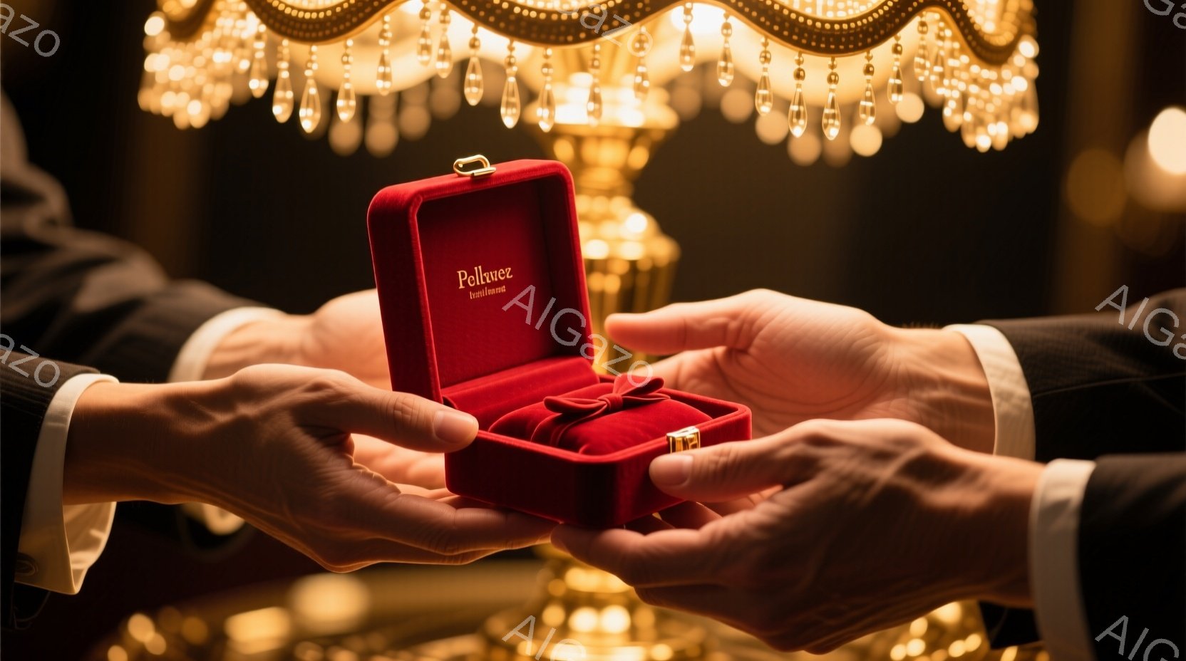 鮮やかな赤いベルベットの箱が、二人の手のひらの間で開かれており、中には赤いリボンで結ばれた何かが収められています。背景には、きらびやかなシャンデリアがぼんやりと映り、豪華でロマンチックな雰囲気を醸し出しています。男性のフォーマルな服装から、プロポーズや特別な贈り物に関連する場面であることが推測できます。
