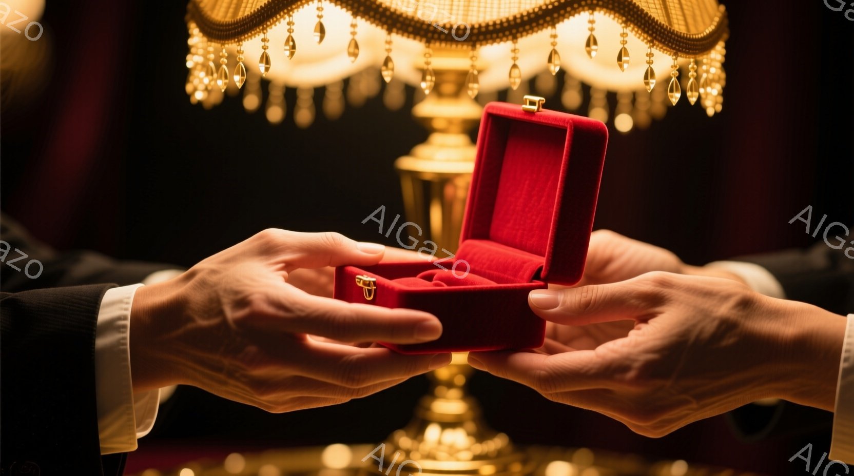 深紅色のベルベットの箱が、左右の手の間に浮かんでいる。箱の中には金色の指輪が輝いており、片方の手は黒いスーツの袖、もう片方の手は薄い肌が見えている。背景には豪華な金色のシャンデリアがぼんやりと見え、ロマンチックで親密な雰囲気を醸し出している。
